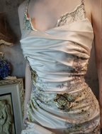 Elegant Champagne Fitted Spaghetti Strap Beaded Embroidered Satin Formal Prom Dresses