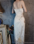 Elegant Champagne Fitted Spaghetti Strap Beaded Embroidered Satin Formal Prom Dresses