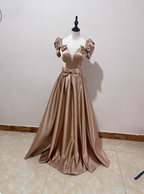 Elegant Champagne Gold Deep V-Neck Bow Satin Long Formal Prom Dresses