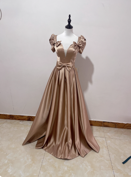 Elegant Champagne Gold Deep V-Neck Bow Satin Long Formal Prom Dresses