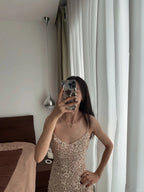 Elegant Champagne Gold Mermaid Halter V-Neck Sequined Long Formal Prom Dresses