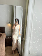 Elegant Champagne Gold Mermaid Halter V-Neck Sequined Long Formal Prom Dresses