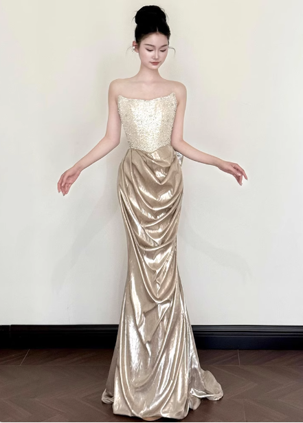Elegant Champagne Gold Mermaid Strapless Ruffled Satin Train Formal Prom Dresses