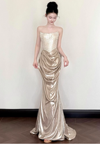 Elegant Champagne Gold Mermaid Strapless Ruffled Satin Train Formal Prom Dresses