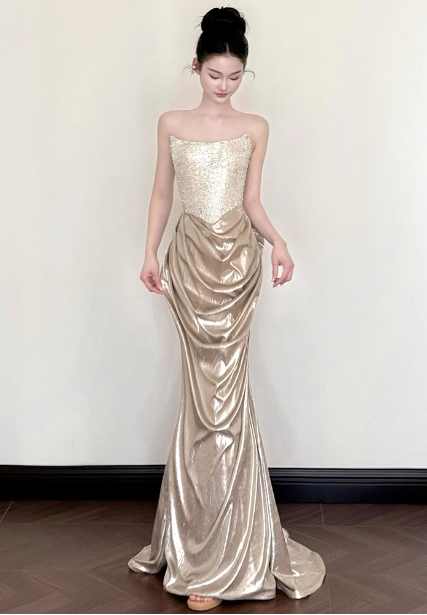 Elegant Champagne Gold Mermaid Strapless Ruffled Satin Train Formal Prom Dresses