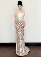 Elegant Champagne Gold Mermaid Strapless Ruffled Satin Train Formal Prom Dresses
