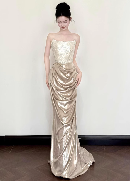 Elegant Champagne Gold Mermaid Strapless Ruffled Satin Train Formal Prom Dresses