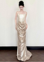Elegant Champagne Gold Mermaid Strapless Ruffled Satin Train Formal Prom Dresses