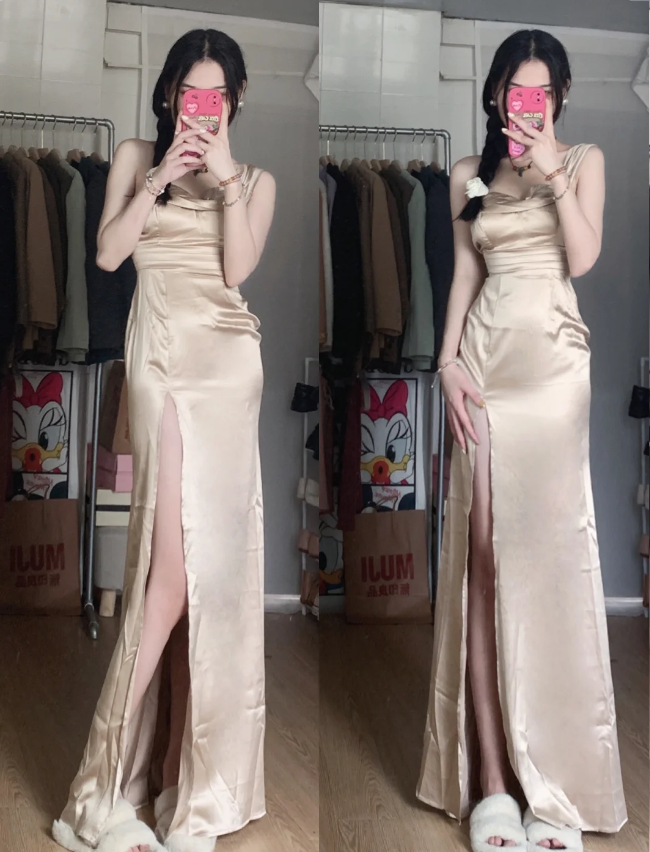 Elegant Champagne High-Slit Satin Long Formal Prom Dresses