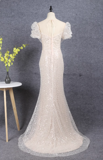 Elegant Champagne Mermaid Puff Sleeve Sequin Train Formal Prom Dresses Secondary image