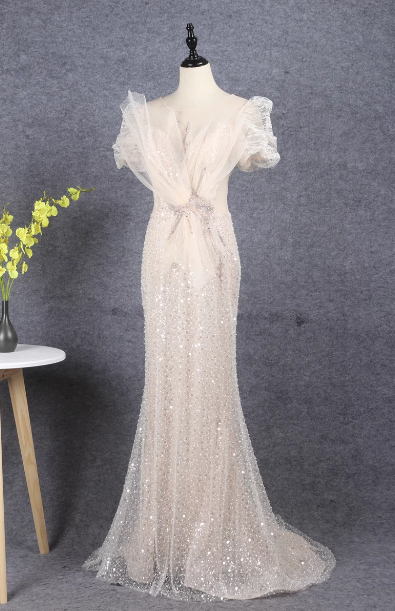 Elegant Champagne Mermaid Puff Sleeve Sequin Train Formal Prom Dresses