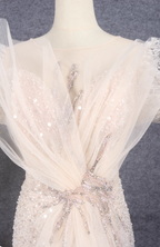 Elegant Champagne Mermaid Puff Sleeve Sequin Train Formal Prom Dresses