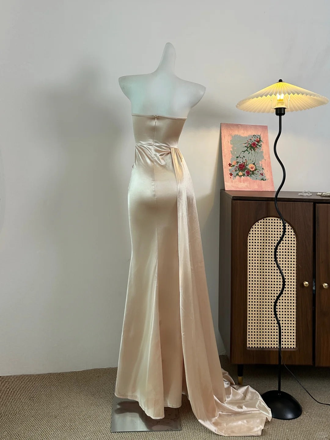 Elegant Champagne Mermaid Trailing Strapless Satin Long Formal Prom Dresses