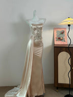 Elegant Champagne Mermaid Trailing Strapless Satin Long Formal Prom Dresses