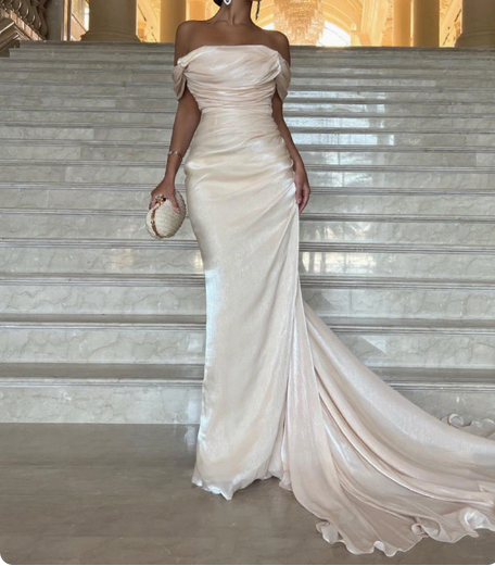 Elegant Champagne Mermaid Train Off-The-Shoulder Ruffled Satin Formal Prom Dresses