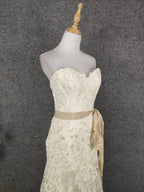 Elegant Champagne Off-White Sweetheart Neck Lace Train Formal Prom Dresses