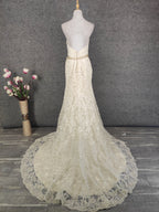 Elegant Champagne Off-White Sweetheart Neck Lace Train Formal Prom Dresses