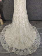 Elegant Champagne Off-White Sweetheart Neck Lace Train Formal Prom Dresses