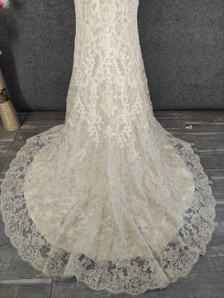 Elegant Champagne Off-White Sweetheart Neck Lace Train Formal Prom Dresses