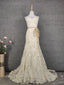 Elegant Champagne Off-White Sweetheart Neck Lace Train Formal Prom Dresses