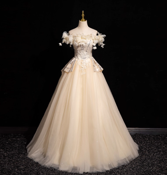 Elegant Champagne One-Shoulder 3D Floral Tulle Long Ball Gown Prom Dresses Sweet 16 Dresses Secondary image