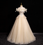 Elegant Champagne One-Shoulder 3D Floral Tulle Long Ball Gown Prom Dresses Sweet 16 Dresses