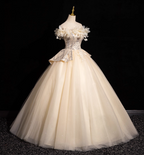 Elegant Champagne One-Shoulder 3D Floral Tulle Long Ball Gown Prom Dresses Sweet 16 Dresses