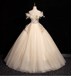 Elegant Champagne One-Shoulder 3D Floral Tulle Long Ball Gown Prom Dresses Sweet 16 Dresses