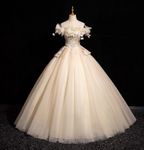 Elegant Champagne One-Shoulder 3D Floral Tulle Long Ball Gown Prom Dresses Sweet 16 Dresses
