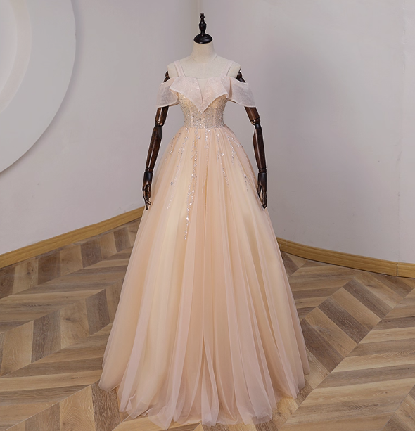 Elegant Champagne One-Shoulder Tulle Long Ball Gown Prom Dresses Sweet 16 Dresses Secondary image