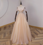 Elegant Champagne One-Shoulder Tulle Long Ball Gown Prom Dresses Sweet 16 Dresses