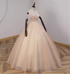 Elegant Champagne One-Shoulder Tulle Long Ball Gown Prom Dresses Sweet 16 Dresses