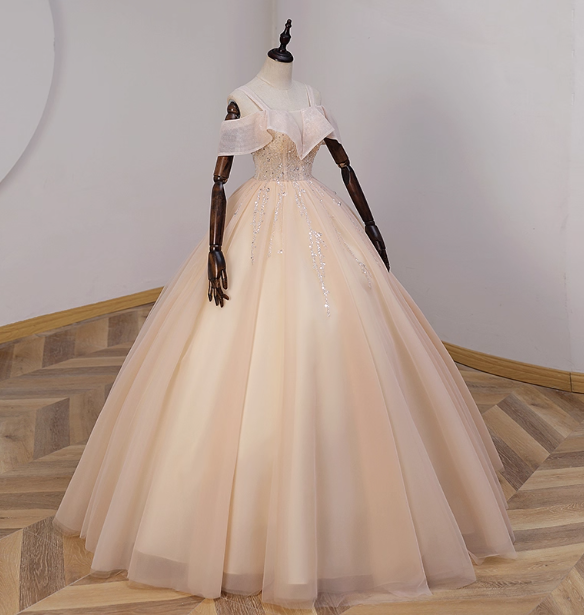 Elegant Champagne One-Shoulder Tulle Long Ball Gown Prom Dresses Sweet 16 Dresses
