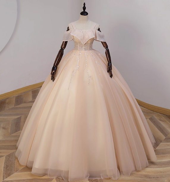 Elegant Champagne One-Shoulder Tulle Long Ball Gown Prom Dresses Sweet 16 Dresses Main image