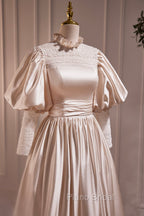 Elegant Champagne Satin A-Line Formal Prom Dresses, Champagne Ruffle High Neck Puffy Short Sleeve Backless Evening Dresses