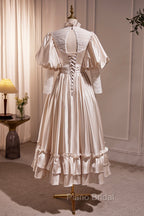 Elegant Champagne Satin A-Line Formal Prom Dresses, Champagne Ruffle High Neck Puffy Short Sleeve Backless Evening Dresses