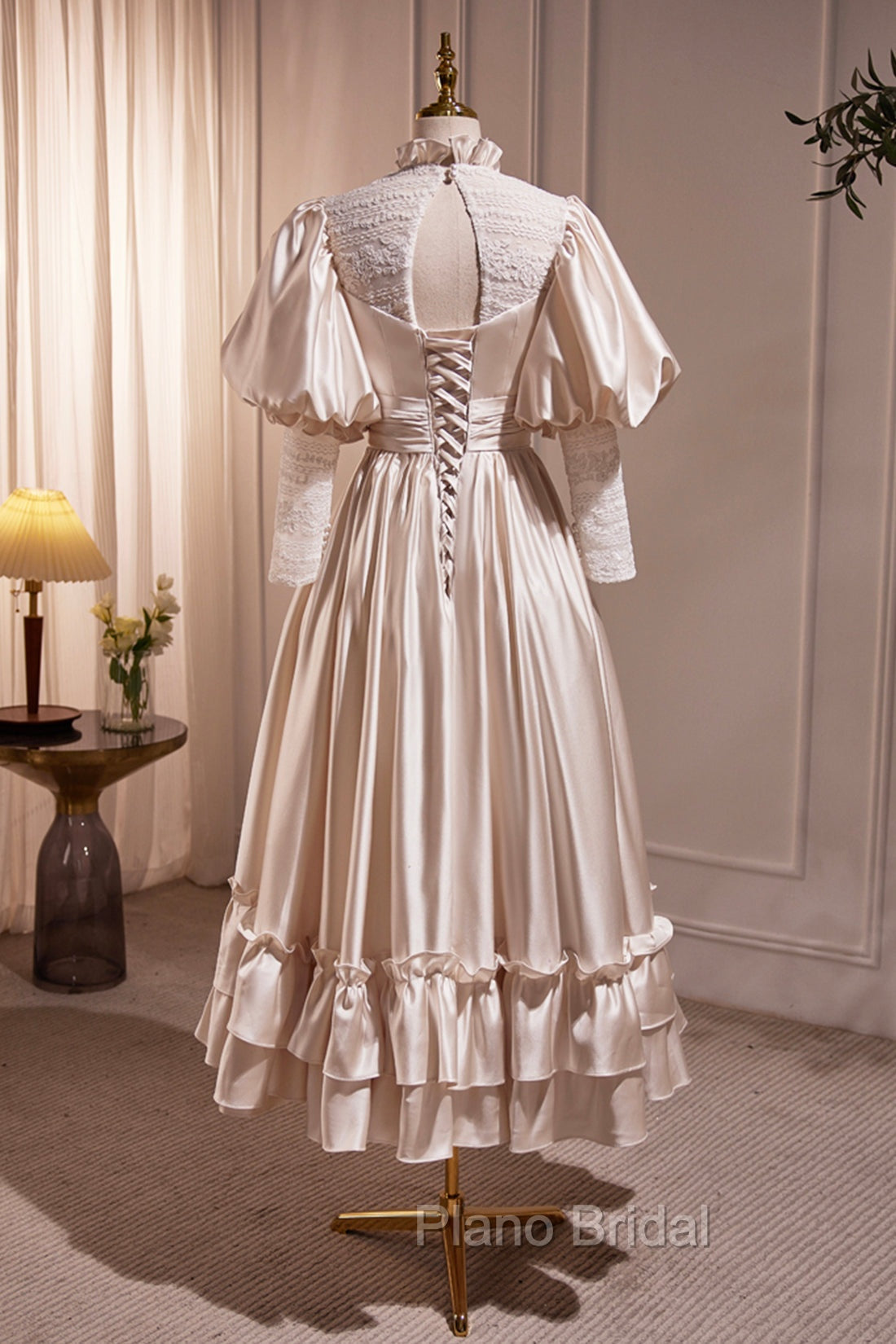 Elegant Champagne Satin A-Line Formal Prom Dresses, Champagne Ruffle High Neck Puffy Short Sleeve Backless Evening Dresses