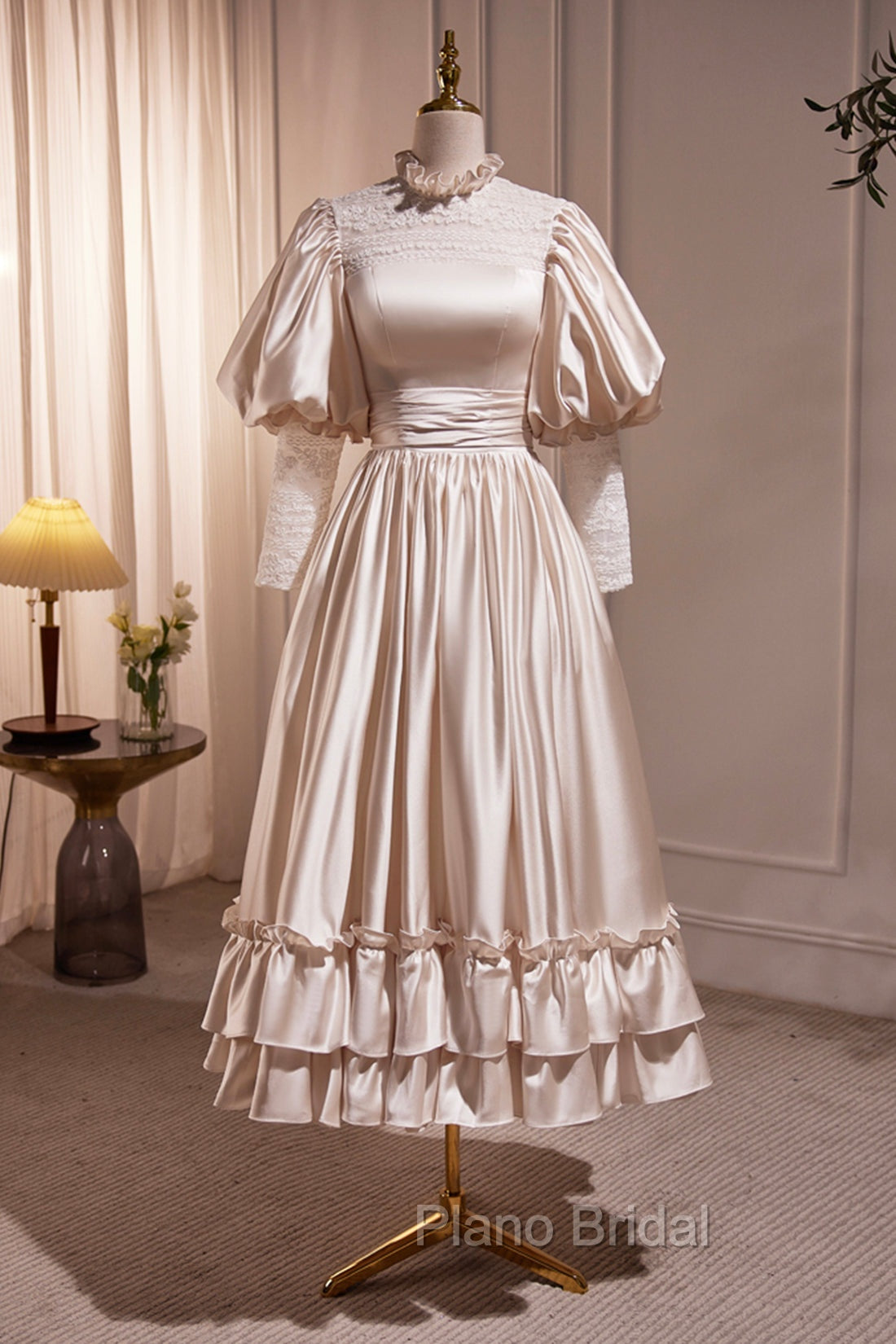 Elegant Champagne Satin A-Line Formal Prom Dresses, Champagne Ruffle High Neck Puffy Short Sleeve Backless Evening Dresses Main image