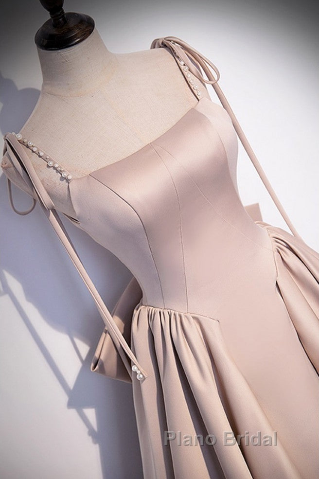 Elegant Champagne Square Neck Fine Shoulder Strap Pleated Satin Ball Dresses Champagne A-Line Bow Lace Open Back Strap And Floor Length Evening Dresses