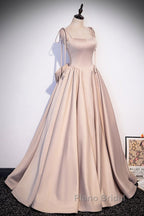 Elegant Champagne Square Neck Fine Shoulder Strap Pleated Satin Ball Dresses Champagne A-Line Bow Lace Open Back Strap And Floor Length Evening Dresses
