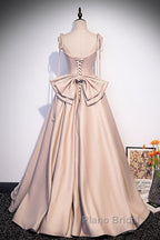 Elegant Champagne Square Neck Fine Shoulder Strap Pleated Satin Ball Dresses Champagne A-Line Bow Lace Open Back Strap And Floor Length Evening Dresses