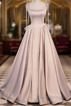 Elegant Champagne Square Neck Fine Shoulder Strap Pleated Satin Ball Dresses Champagne A-Line Bow Lace Open Back Strap And Floor Length Evening Dresses