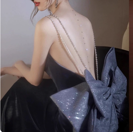 Elegant Charcoal Gray Spaghetti Strap Bow Backless Velvet Long Formal Prom Dresses Secondary image