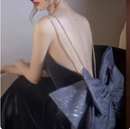 Elegant Charcoal Gray Spaghetti Strap Bow Backless Velvet Long Formal Prom Dresses
