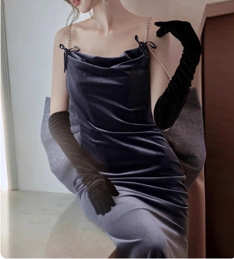 Elegant Charcoal Gray Spaghetti Strap Bow Backless Velvet Long Formal Prom Dresses