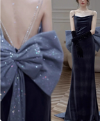 Elegant Charcoal Gray Spaghetti Strap Bow Backless Velvet Long Formal Prom Dresses