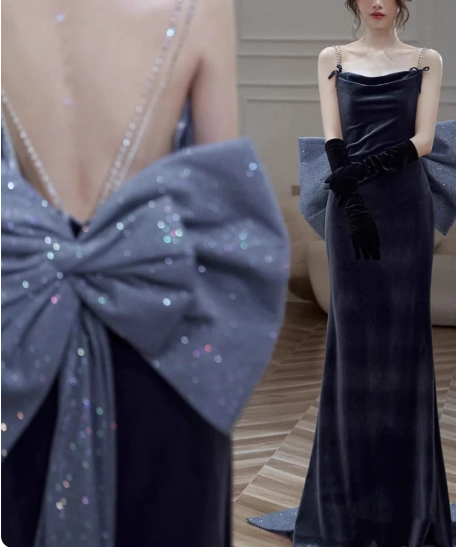 Elegant Charcoal Gray Spaghetti Strap Bow Backless Velvet Long Formal Prom Dresses