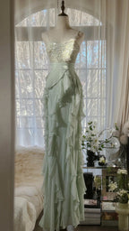 Elegant Clear Green Shoulder Strap Ruffled Beaded Chiffon Prom Dress