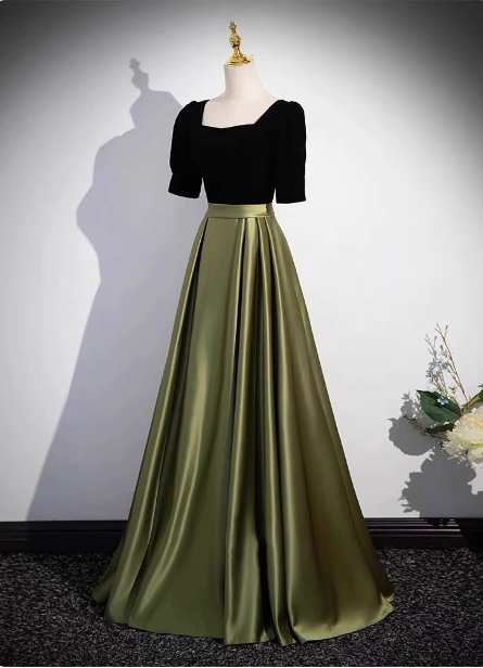Elegant Color Block Black & Green Square Neck Short Sleeve Velvet Satin Long Formal Prom Dresses