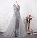 Elegant Court Grey Fringed Beaded Embroidered Tulle Train Formal Prom Dresses